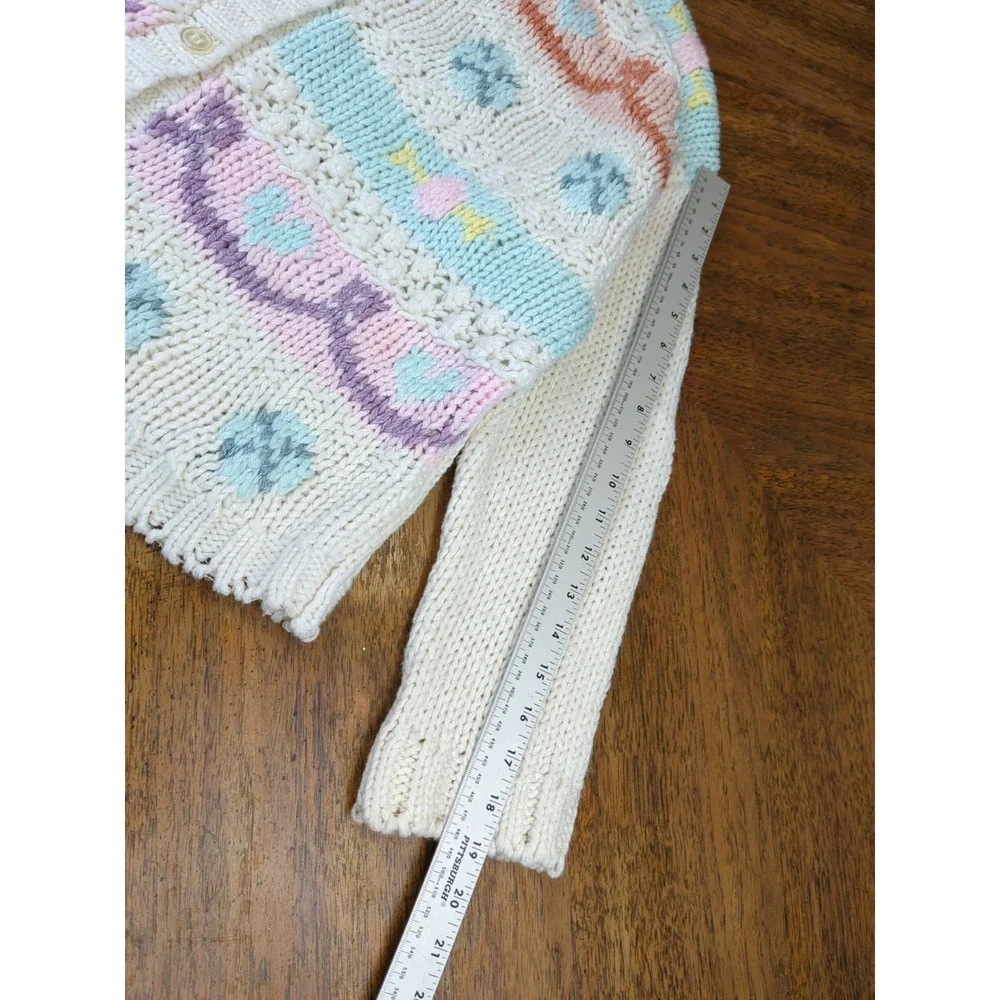 One Step Up Cardigan Sweater Sz MED Hand Knit Pastels Hearts Chunky Cable Knit - Picture 8 of 13
